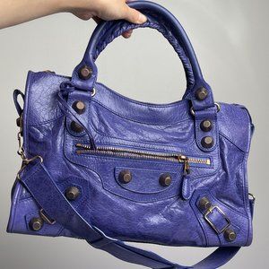 Authentic Balenciaga Motocross Classic City Bag in Purple with Rose Gold hardwar